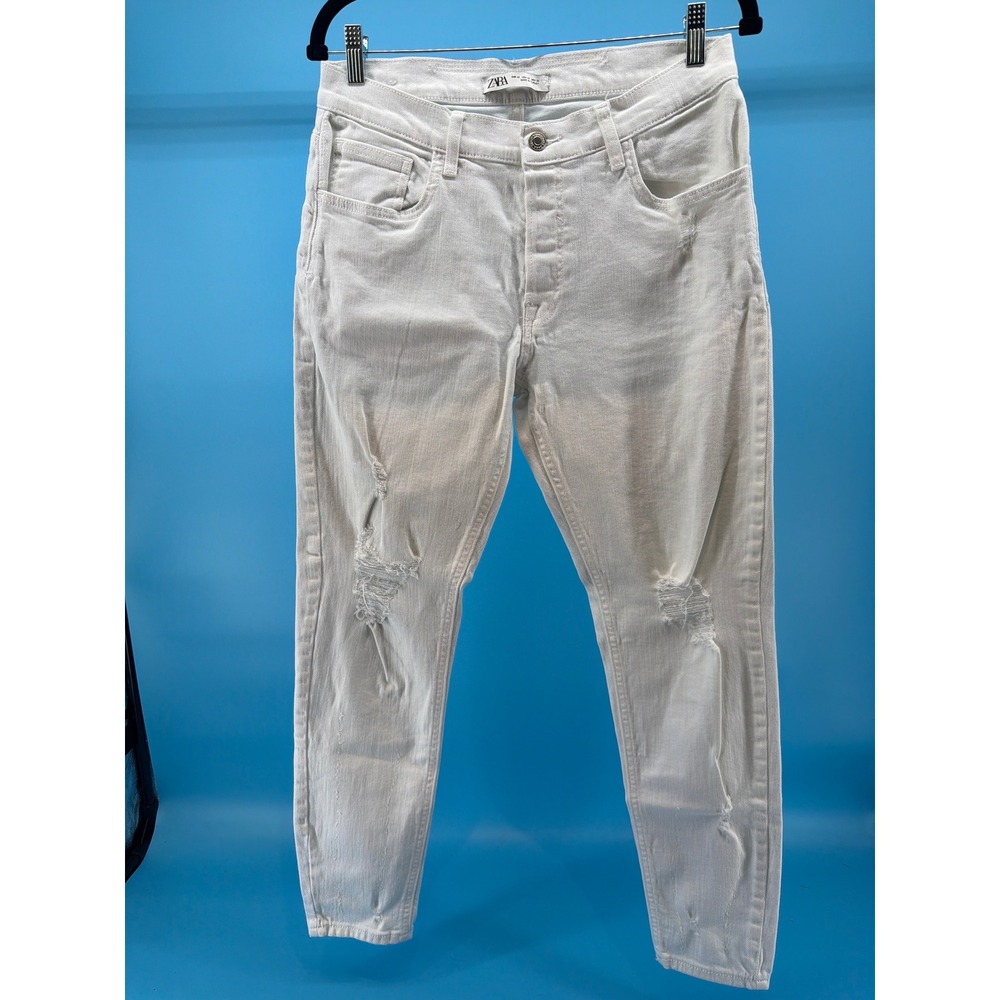 Zara Mens White Distressed Ripped Slim Fit Denim Jeans Size 32